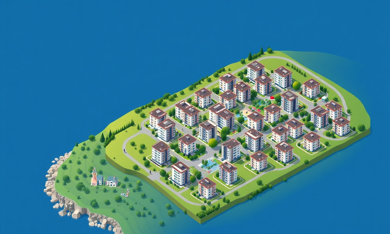 Caycuma Zonguldak konut silueti, Karadeniz kıyısı ve yeşil yamaçlar — izometrik illüstrasyon