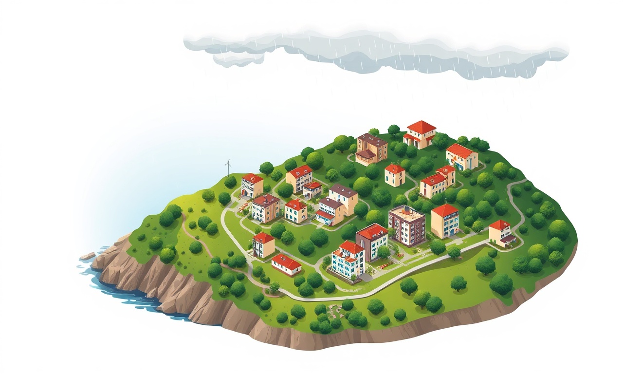 Gokcebey Zonguldak ilçesinde Karadeniz kıyısı konut silueti, eğimli arazi üzerinde apartman binaları, lacivert ve altın renk paleti