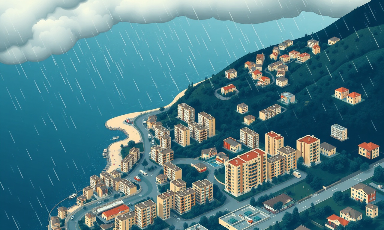 Kozlu, Zonguldak'ta deniz kıyısı ve yamaçlara yayılmış apartman blokları, lacivert ve altın ton izometrik illüstrasyon