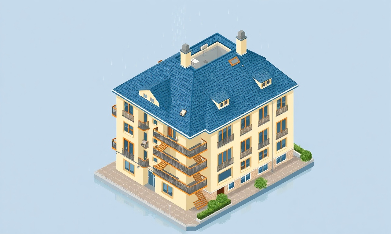 Karadeniz nemli iklim koşullarında çatı su tahliyesi ve cephe bakımı gerektiren apartman illüstrasyonu