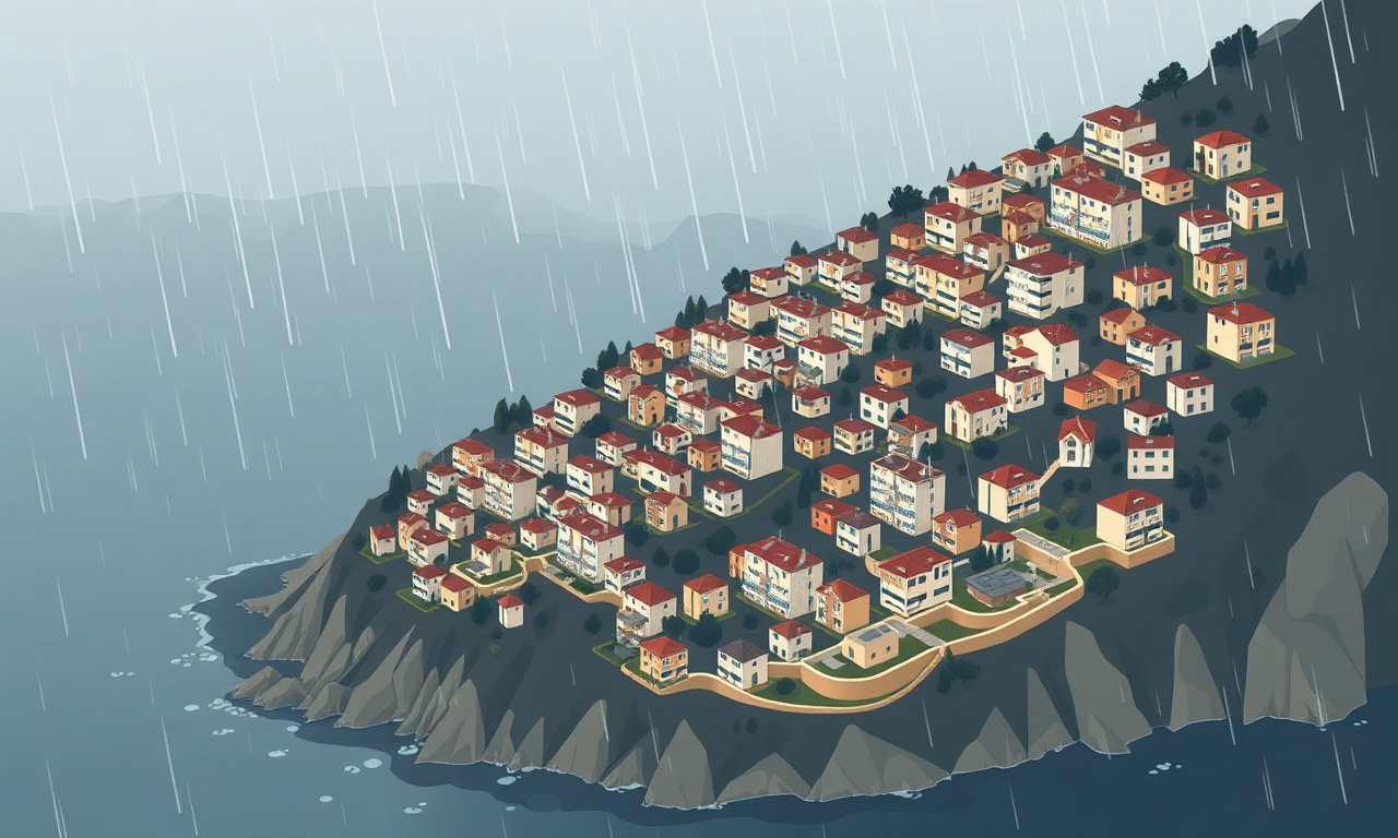 Zonguldak Merkez ilçesinde Karadeniz kıyısında eğimli arazide apartman blokları illüstrasyonu